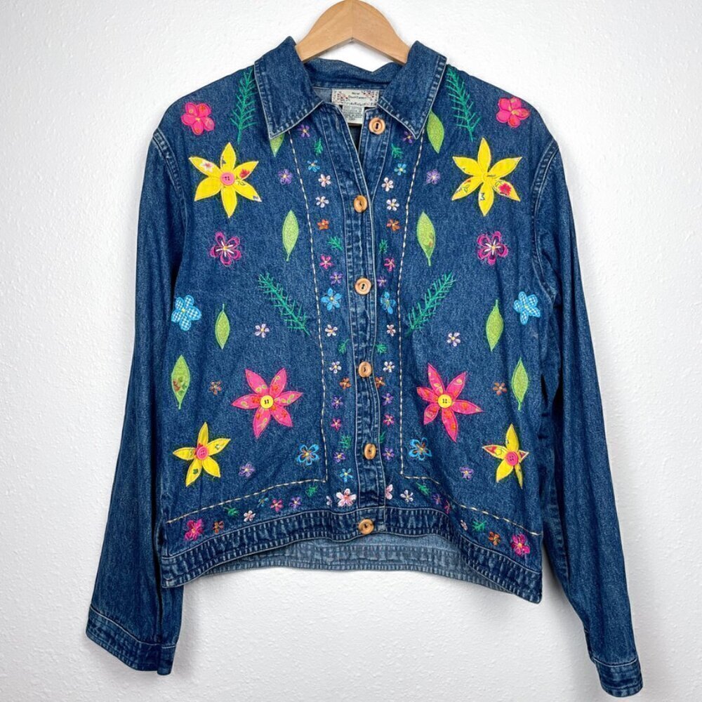 New Directions Size: M Floral Embroidered Denim Jean Jacket | VTG Funky 90s Y2k=